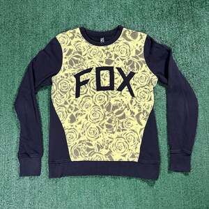 Y2K Mens Fox Racing Black and Yellow Rose Graphic Crewneck Sweatshirt Medium